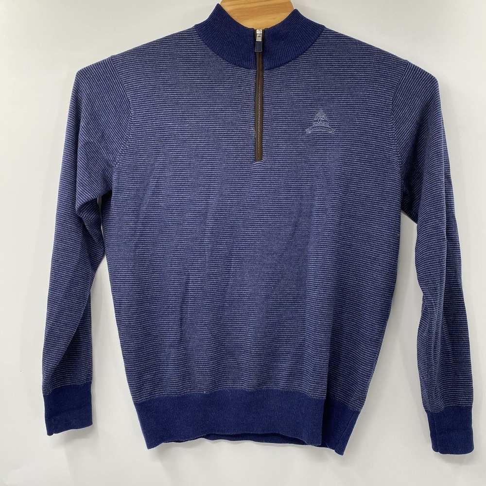 Peter Millar Sweater Mens Medium Blue Striped Merino Wool Quarter Zip Golf Logo - Picture 2 of 7